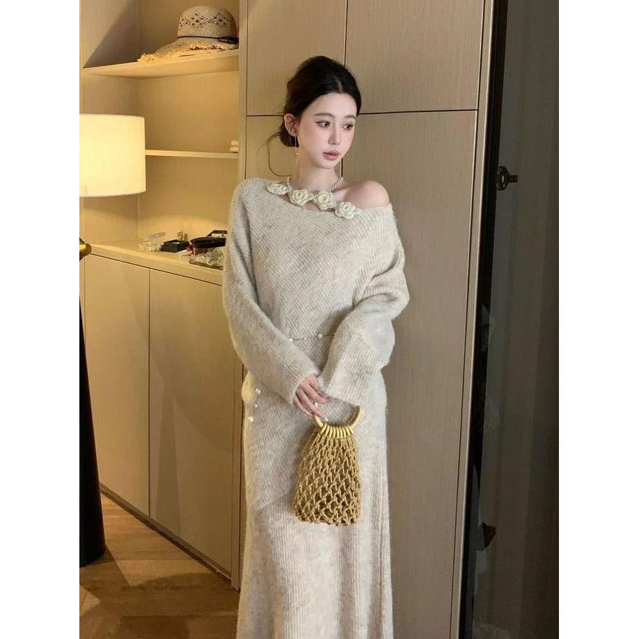 Elegant French 3D Floral Knit Sweater & Midi Skirt Set