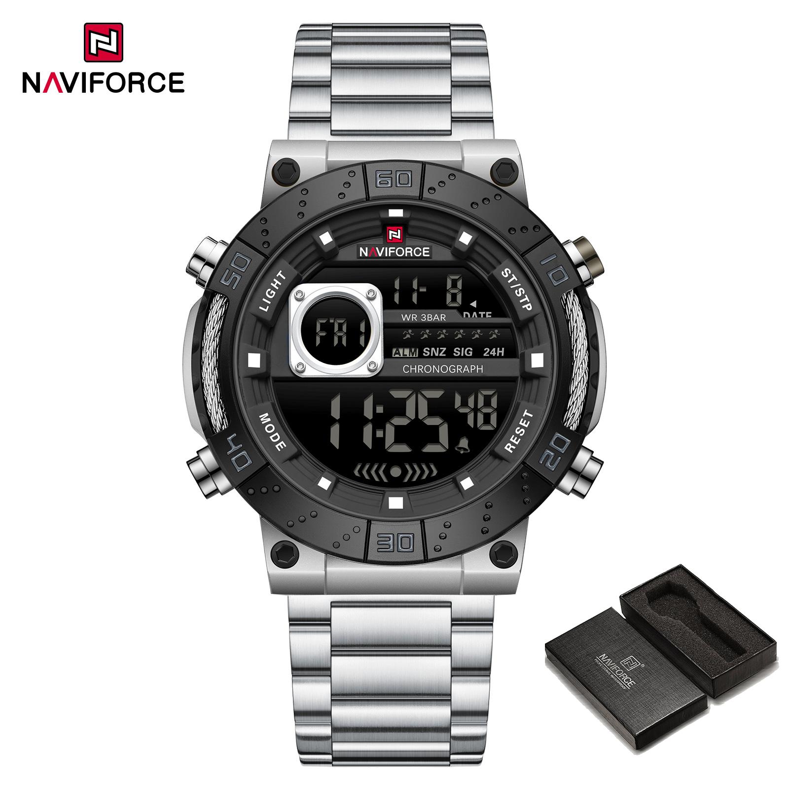 

Naviforce ЖК-цифровые часы для мужчин с датой, хронографом, будильником, ремешком из нержавеющей стали, водонепроницаемые, ночной режим, многофункциональные мужские часы NF9241S чёрный/серебряный