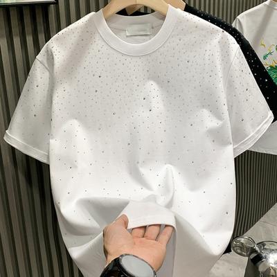Maglietta estiva da uomo con decorazioni in strass, girocollo, ampia, colore puro, maniche corte, pullover casual, lunghezza media, da indossare ogni giorno, top sportivo
