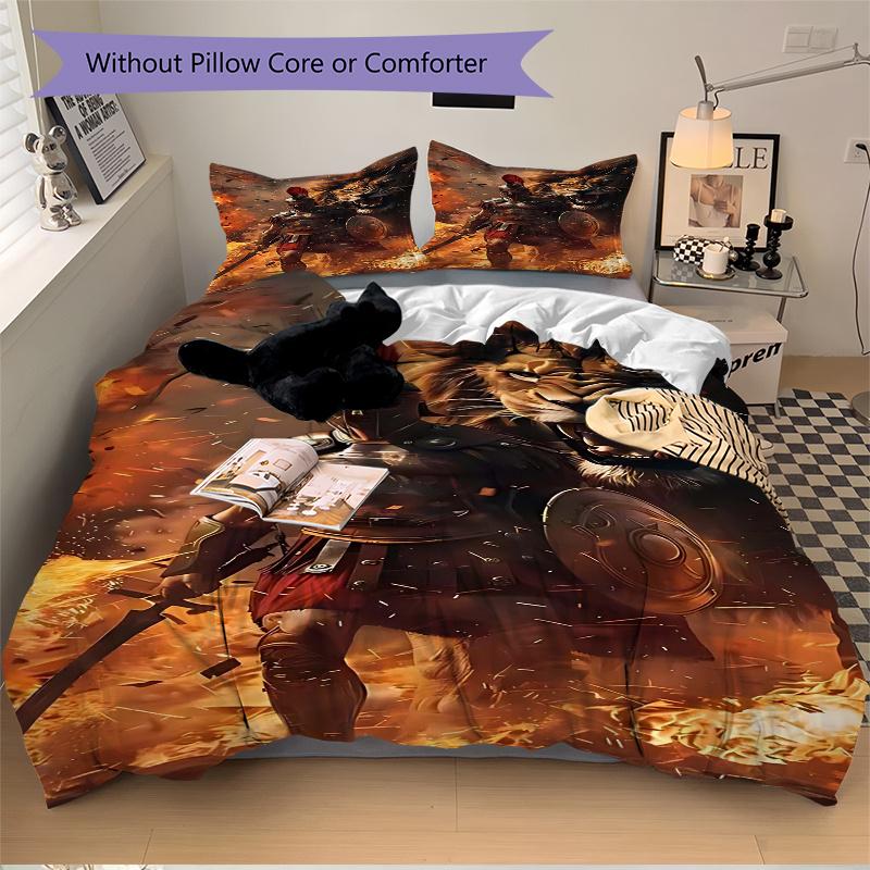 3pcs Anime Lion Warrior Comforter Set with 1 Quilt Cover & 2 Pillowcases (No Core) - Festive Gift for Bedroom Decor, Polyester Fabric, Cartoon Design.