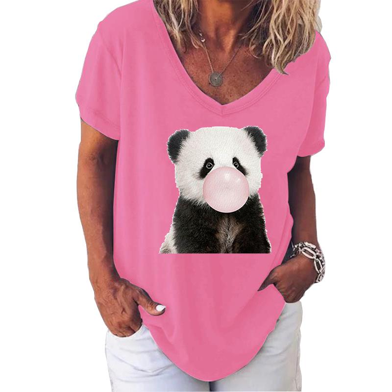 Fashion Spring  Panda Print Blouses Short Sleeved V-Neck T Shirts Casual