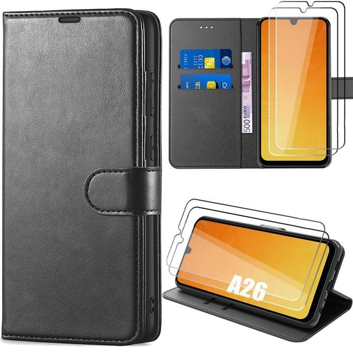 Coque de protection - BOOLING - pour Samsung Galaxy A26 5G - Cuir synthétique noir - 2 verres trempés - Antichoc