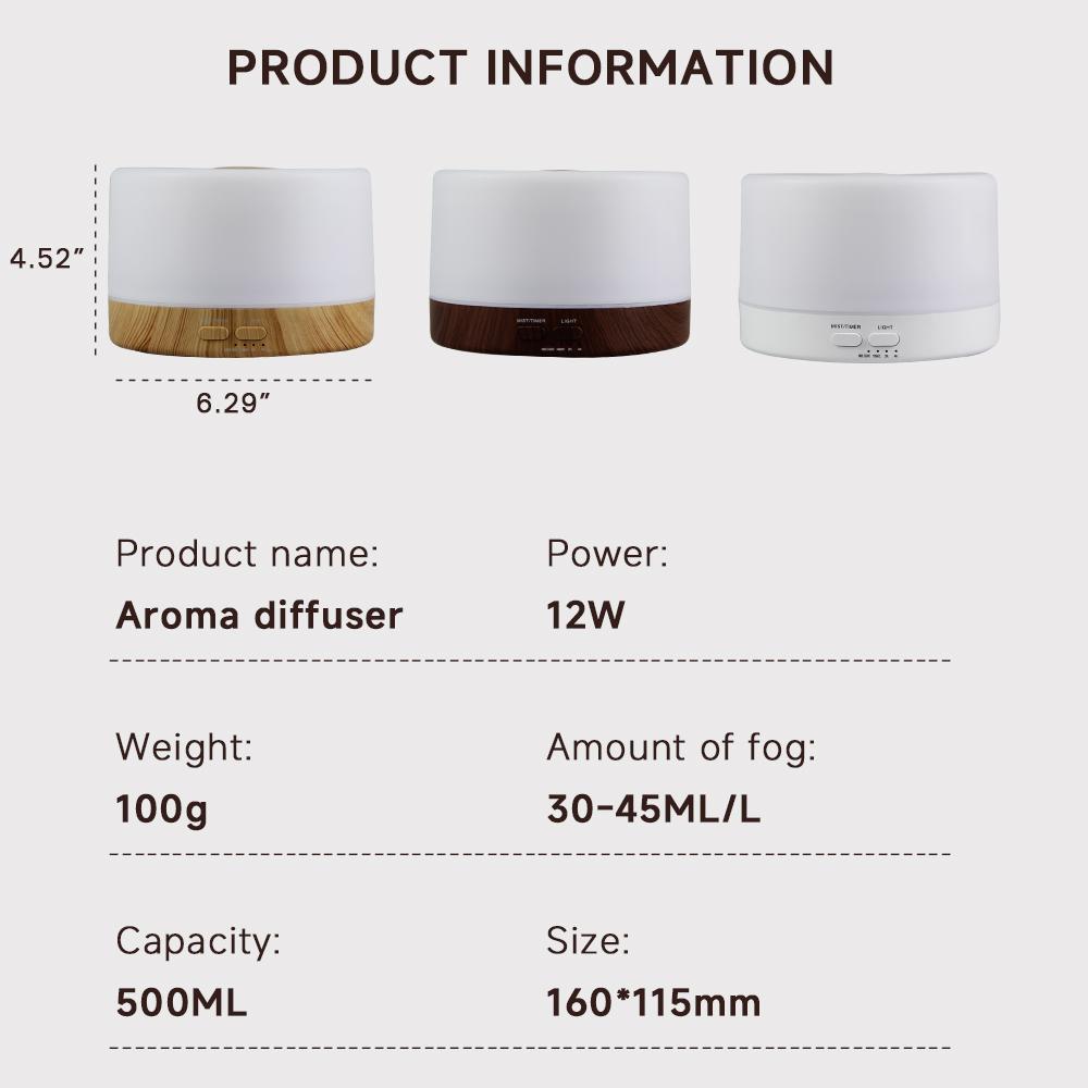 500ml Remote Control Essential Oil Diffuser Desktop Aroma Diffuser Mute Ultrasonic Air Humidifier with 7 Colors Night Light