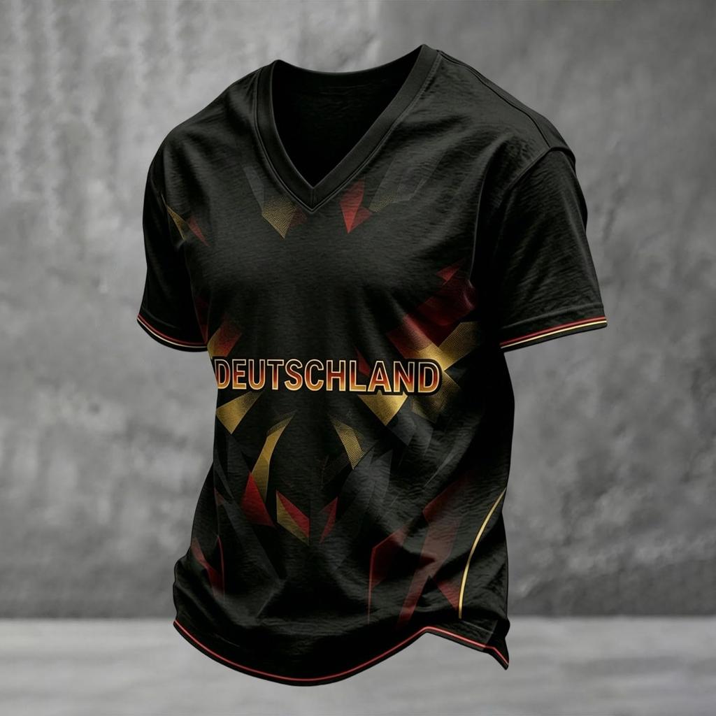 Men's Classic V Neck Short Sleeve T Shirt Featuring Football Graphic and Deutschland Print Suitable for Casual Wear and Sports Activities