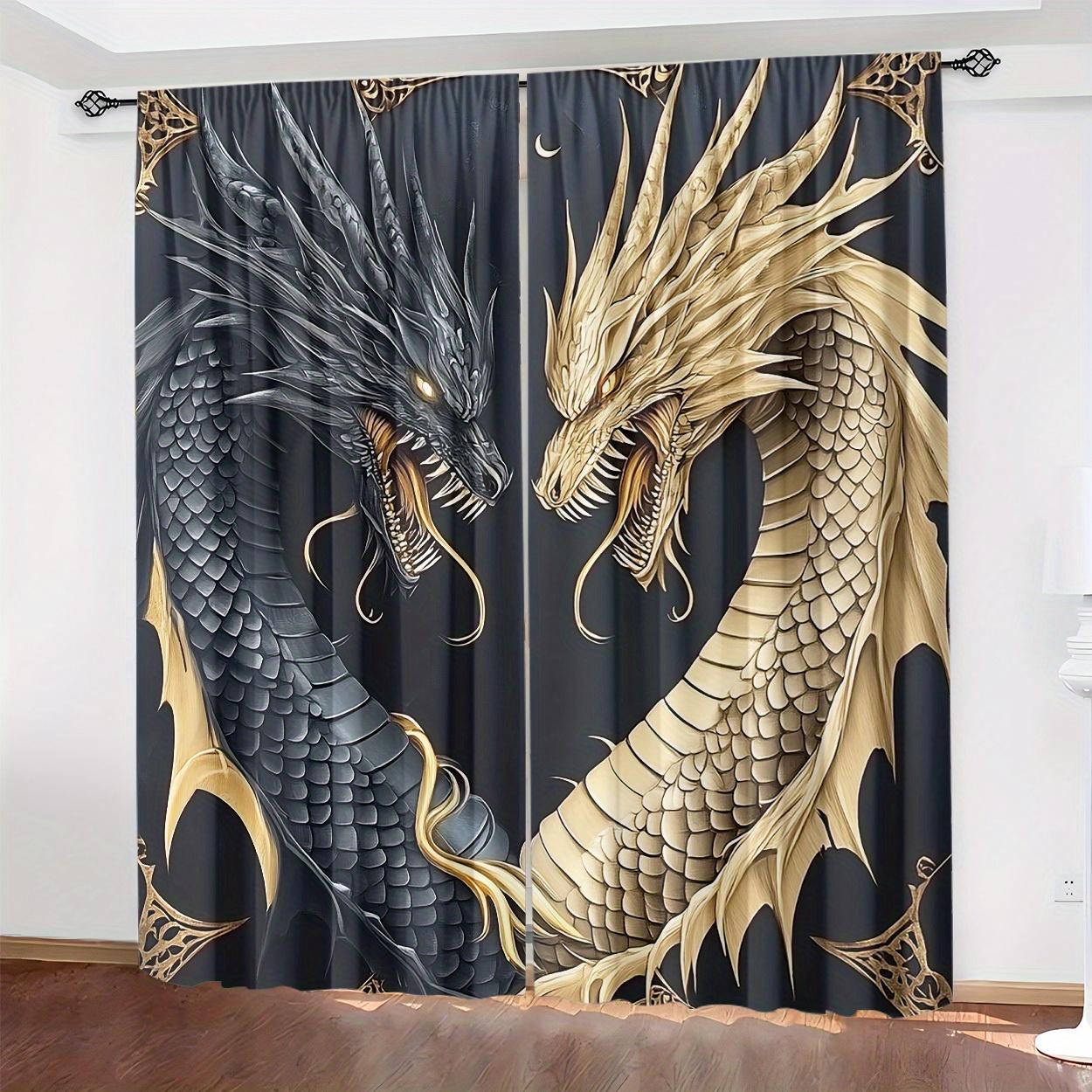 

Set Of 2 Black Gold Dragon Print Curtains Art Deco Style Fade Resistant Bedroom Living Room Office Curtain Light Filtering For Made Polyester W100*H70(CM)-Rod Pocket&1PCS