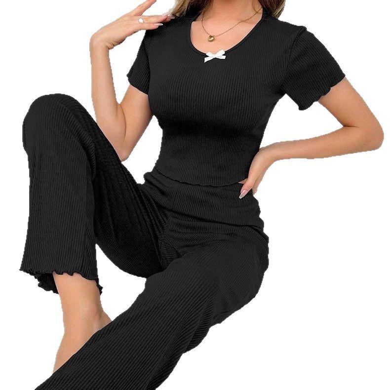 New Elastic Wavy Edge Short-sleeved Trousers Girls Pajamas Set Casual Loungewear