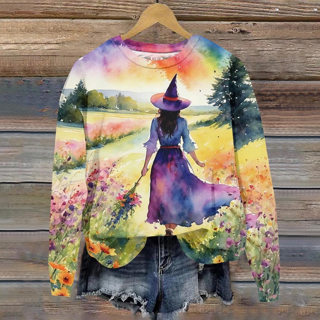 Women's Halloween Print Long Sleeve Neck T-Shirt