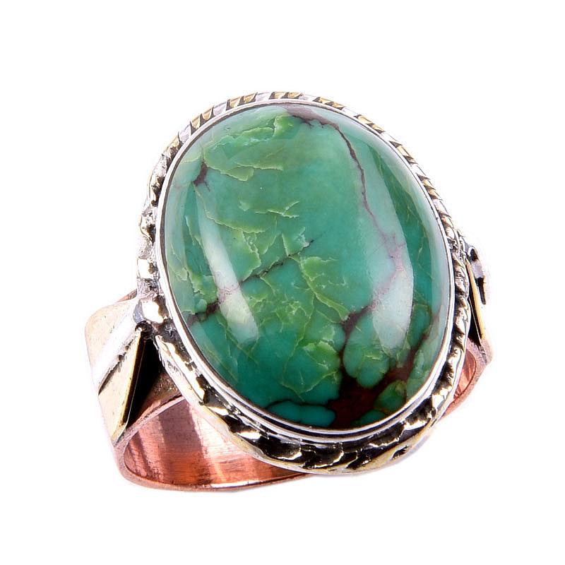 Natural Tibetan Turquoise Gemstone 925 Solid Silver Two Tone Ring S.7.5US Q5c07
