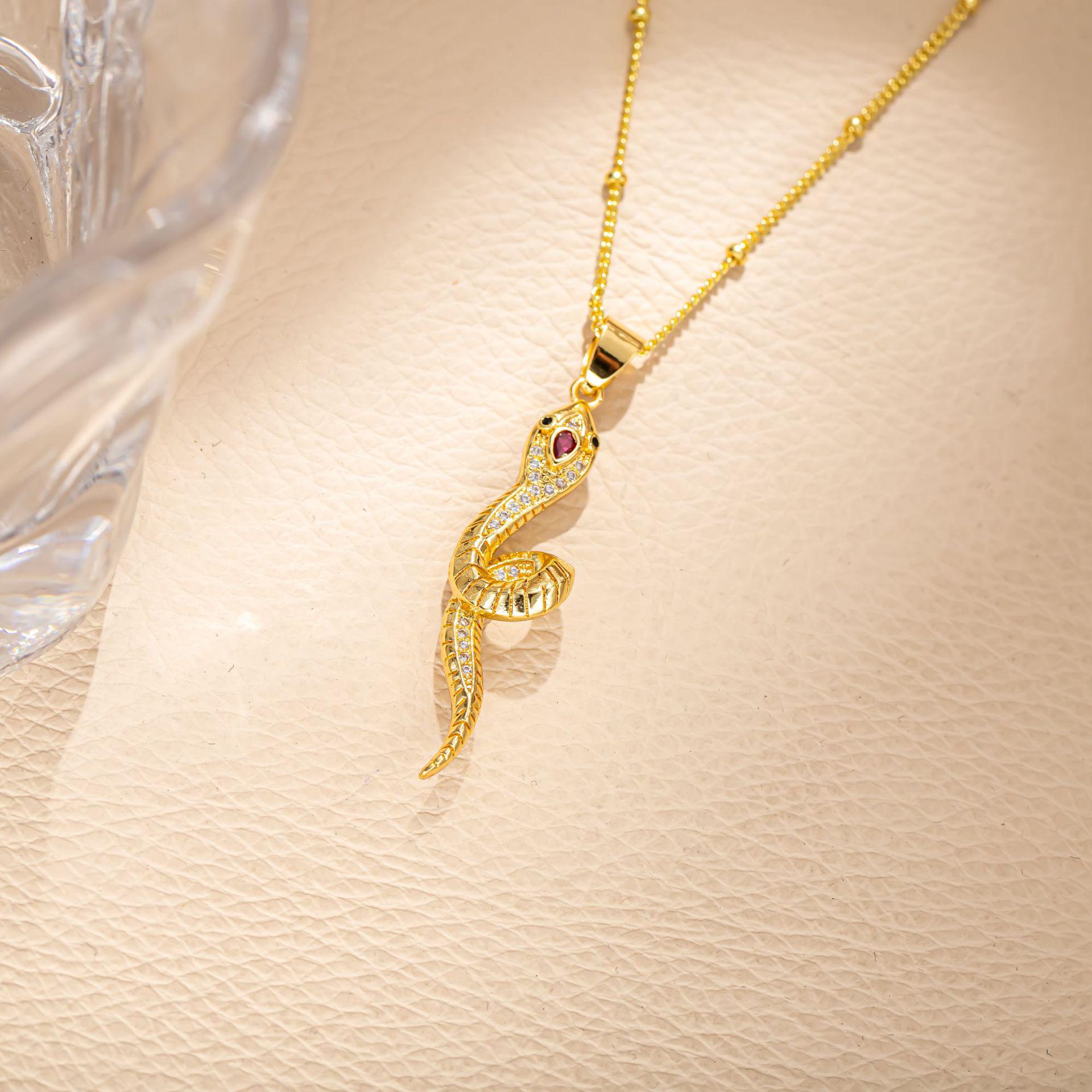 18K Gold Plated Green Snake Pendant Necklace with Zirconia and Titanium Steel for Women