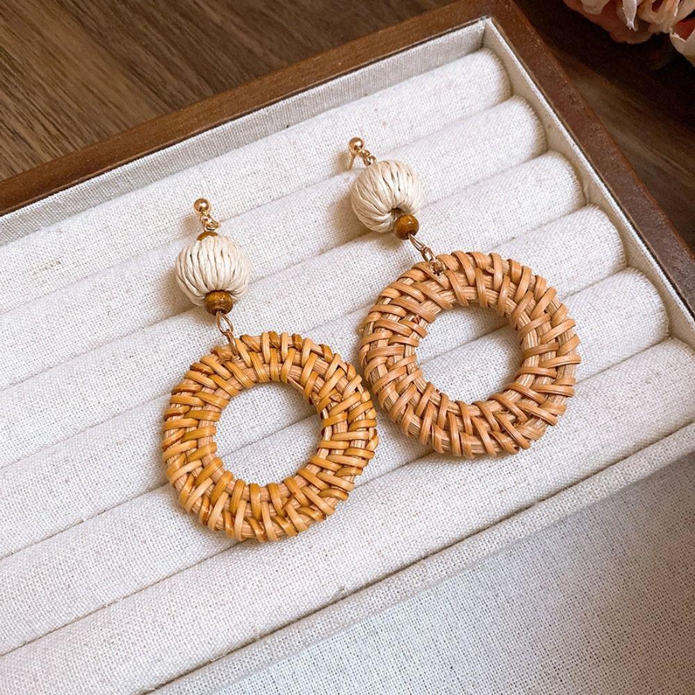 Beach Jewelry Bohemian Drop Earrings Round Geometric Earrings Retro Rattan Weave Earrings  Party