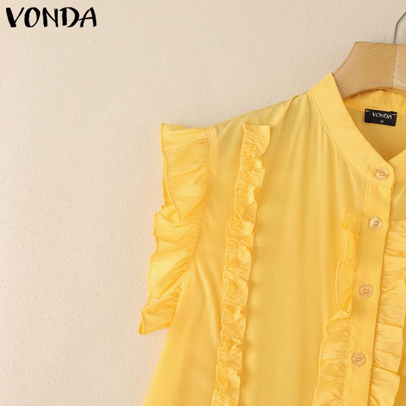 VONDA Women Sleeveless Ruffled Casual Pleating Tank Tops