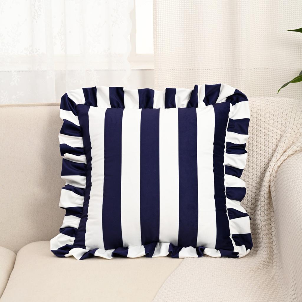 Striped Square Pillow Cover with Ruffled Edge Decorative Print for Living Room Sofa Home Decor Cushion Case 18x18 Inch