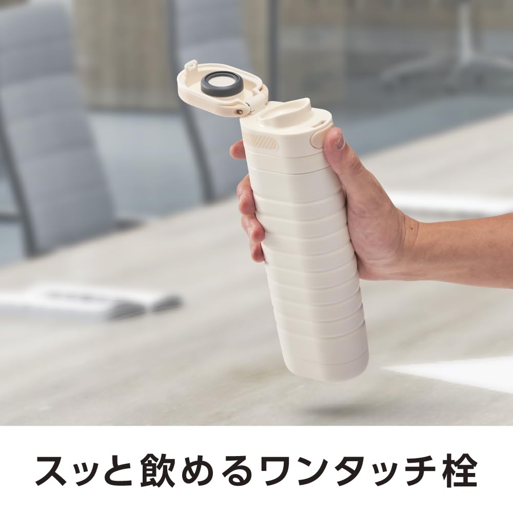 Sutto One-Touch Water Bottle, 380ml, Slim, Double-Layer Vacuum-Covered, HotCold Insulation, with Locking Function, Stainless Steel Bottle, Ivory, by