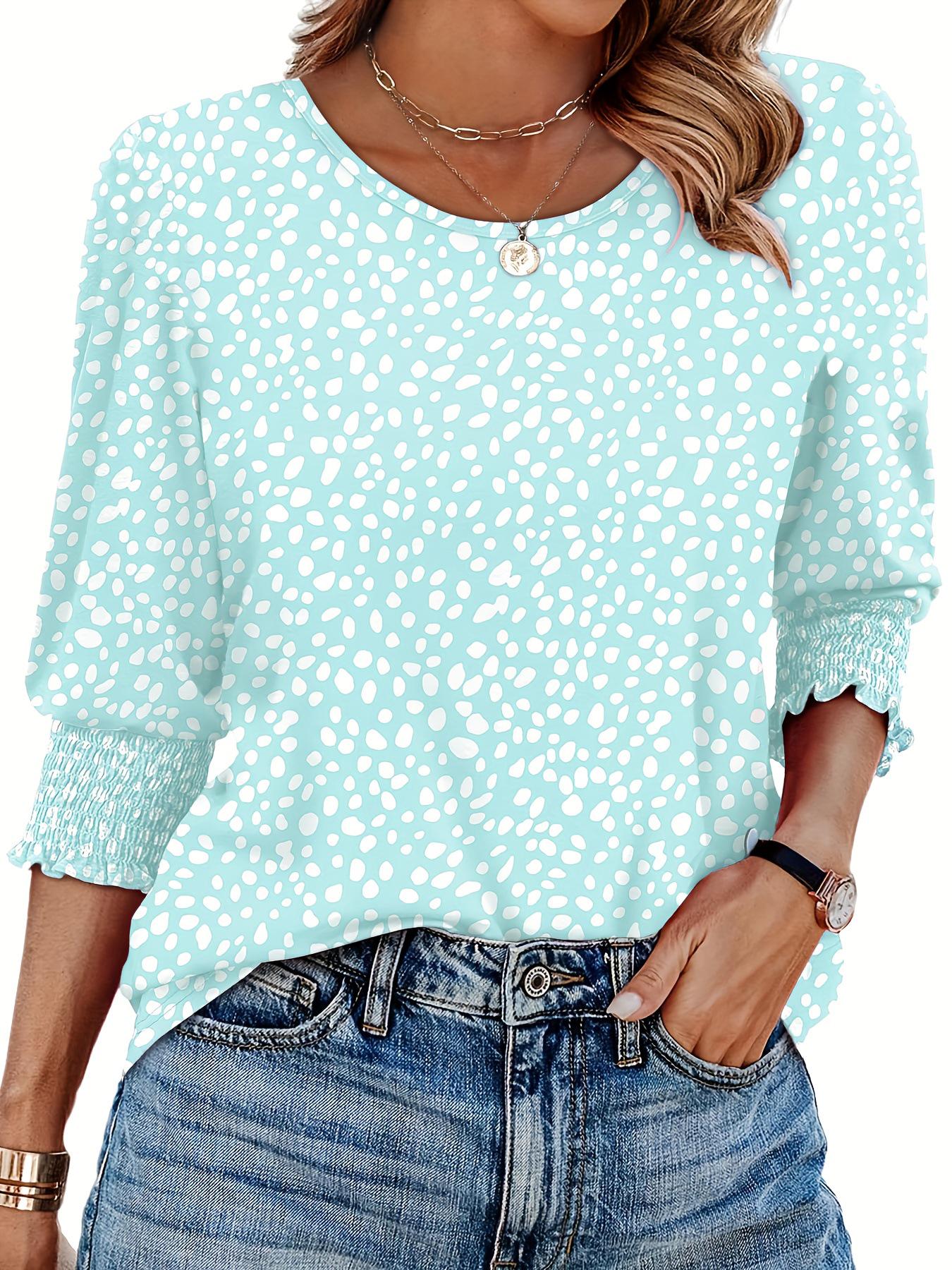 2026 Plus Size Women s Polka Dot Three-Quarter Sleeve Round Neck Loose T-shirt 4XL бирюзовый