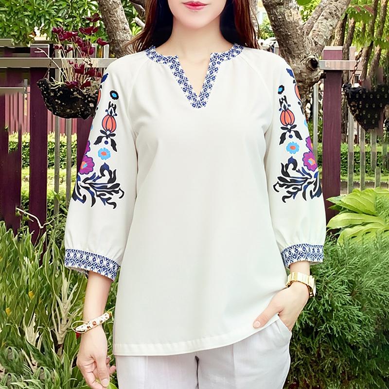 ZANZEA Women Casual V-Neck Retro Print Splice 3/4 Sleeve Loose Blouse