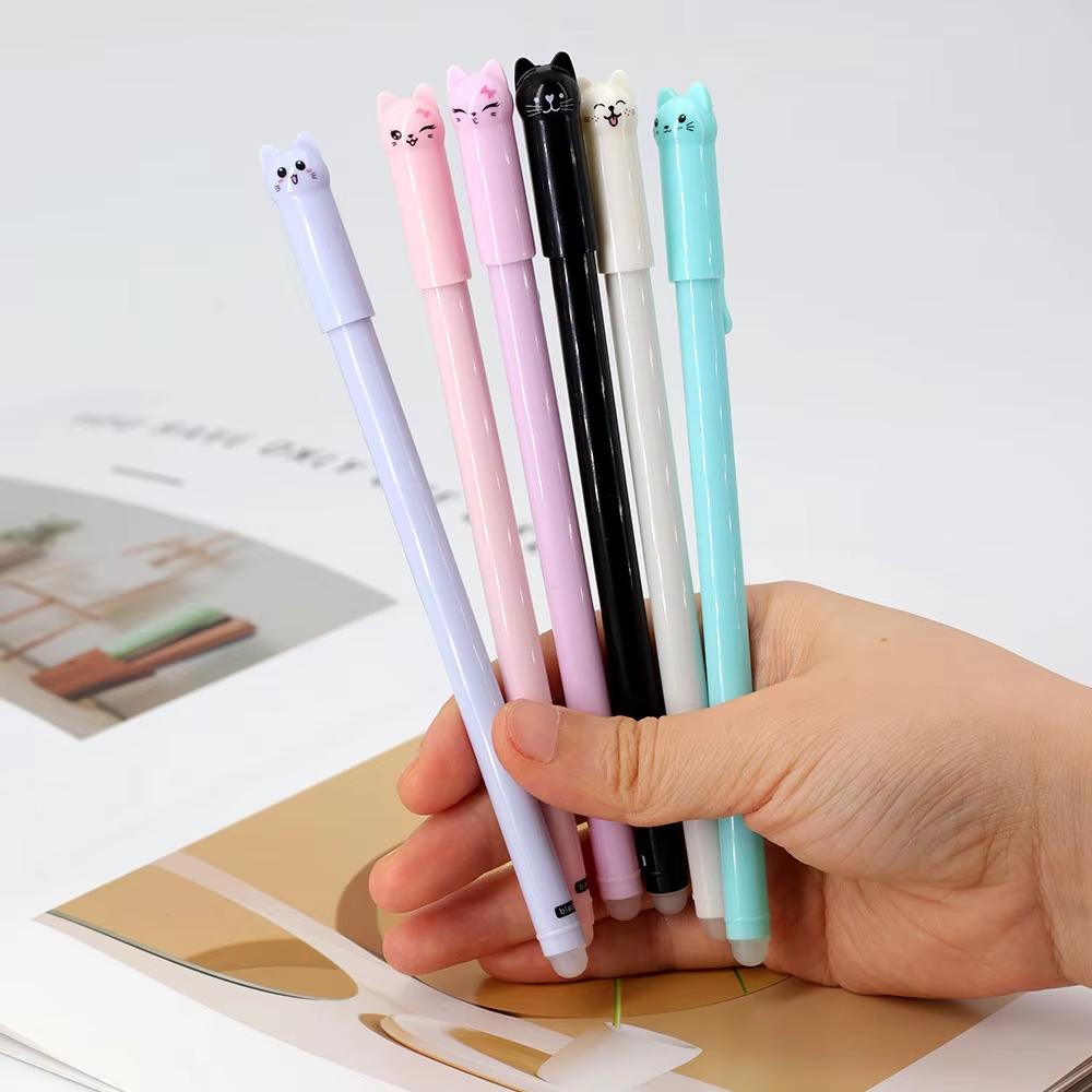 4/6Pack Cat-Themed Erasable Gel Pens 2 Colors Refill Set 0.5mm Fine Point Heat Sensitive with Rubber Grip Assorted Styles