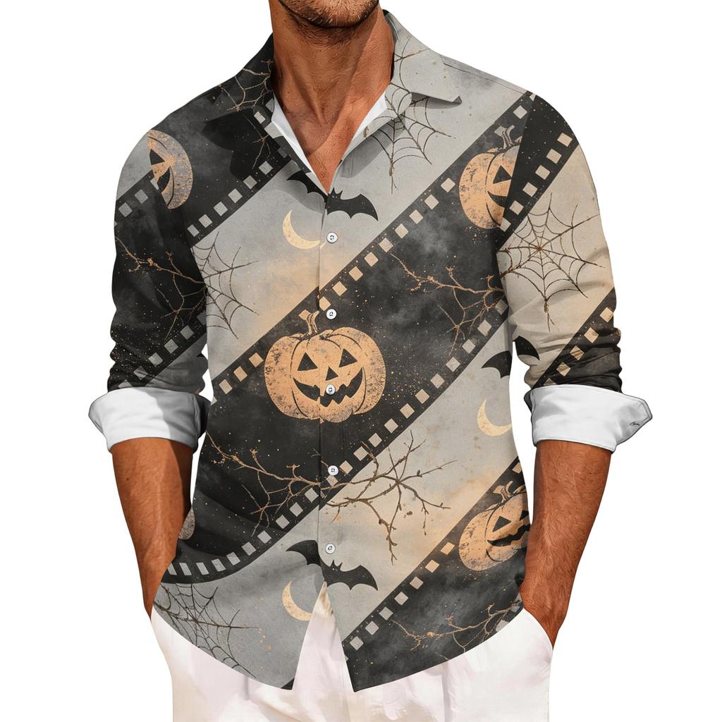 Men's Casual Long Sleeve Halloween Print Button Down Shirt Relaxed Fit Lightweight Breathable Fabric Comfortable Daily Wear