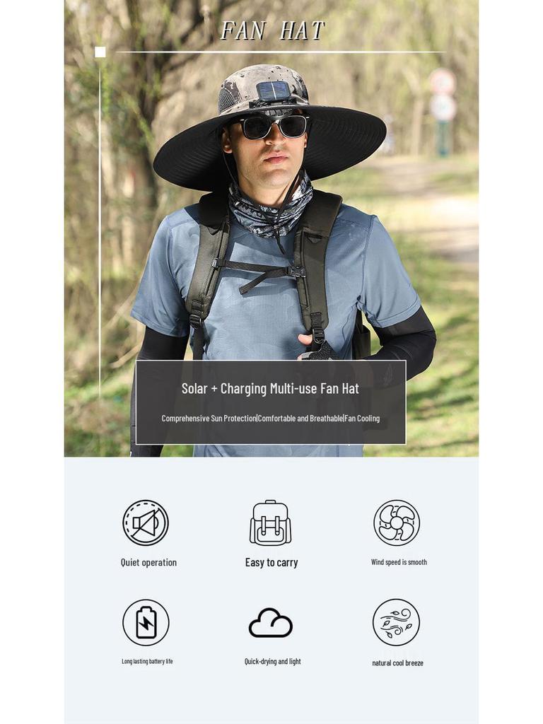 Solar-Powered Wide Brim Fishing Hat with Sunshade, Long-Lasting Battery Fan, and High Wind Power for Men.