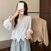Loose Lace-up Drawstring Blouse V-neck Ladies Shirt Top Fashion Long Sleeve Shirts Female