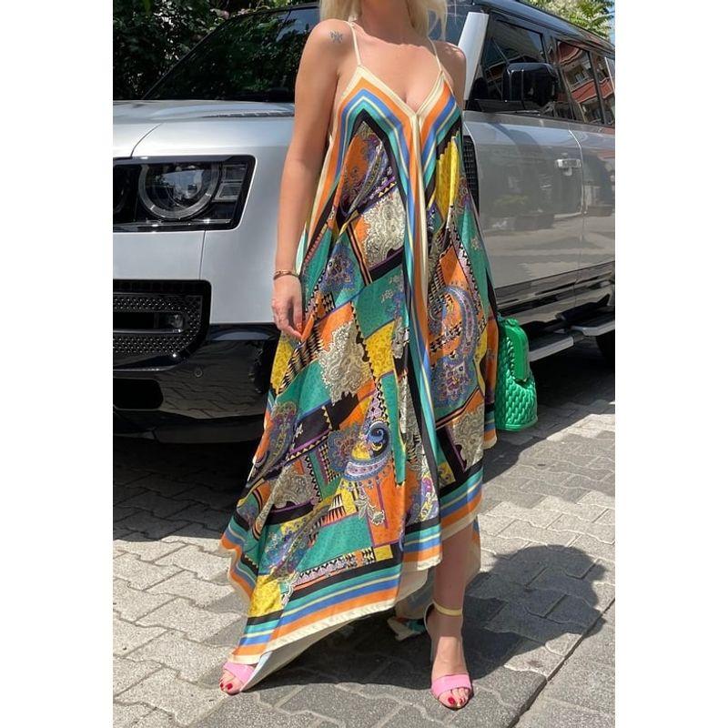 Foreign Trade Retro Personality Elegant Production Loose Sling Exquisite Print Irregular Vacation Smooth Fabric Dress