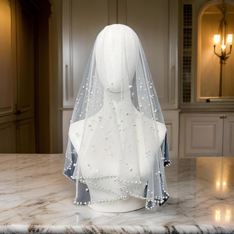 Wedding Veil Beaded Studded Pearls Encrusted Veil Bride Hair Accessoies Sheer