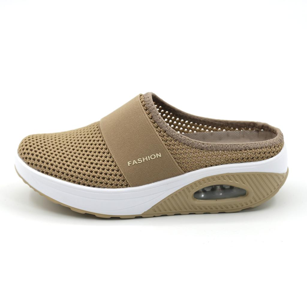 Large size ultra-light mesh breathable fly-woven shoes fashionable and casual half-drag women's shoes thick-soled air cushion one pedal