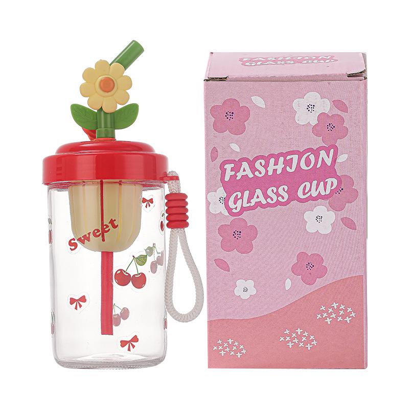 Influencer Portable Glass Cup with Lanyard and Straw - Stylish Girls' Water and Coffee Cup Gift