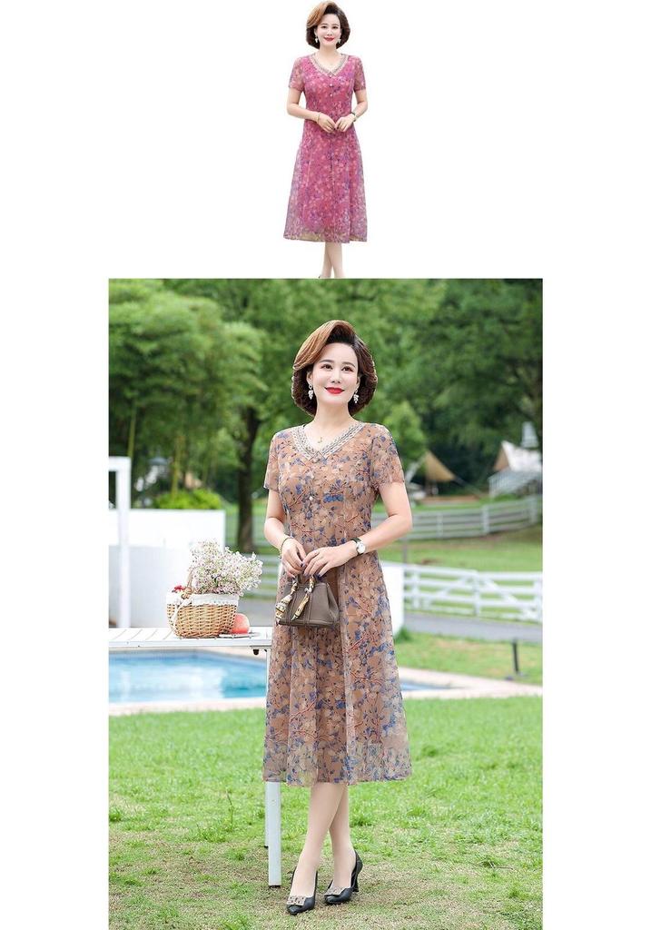 Elegant Summer Floral Dress for Middle-aged Women - Chinese National Style, Short Sleeve Maxi