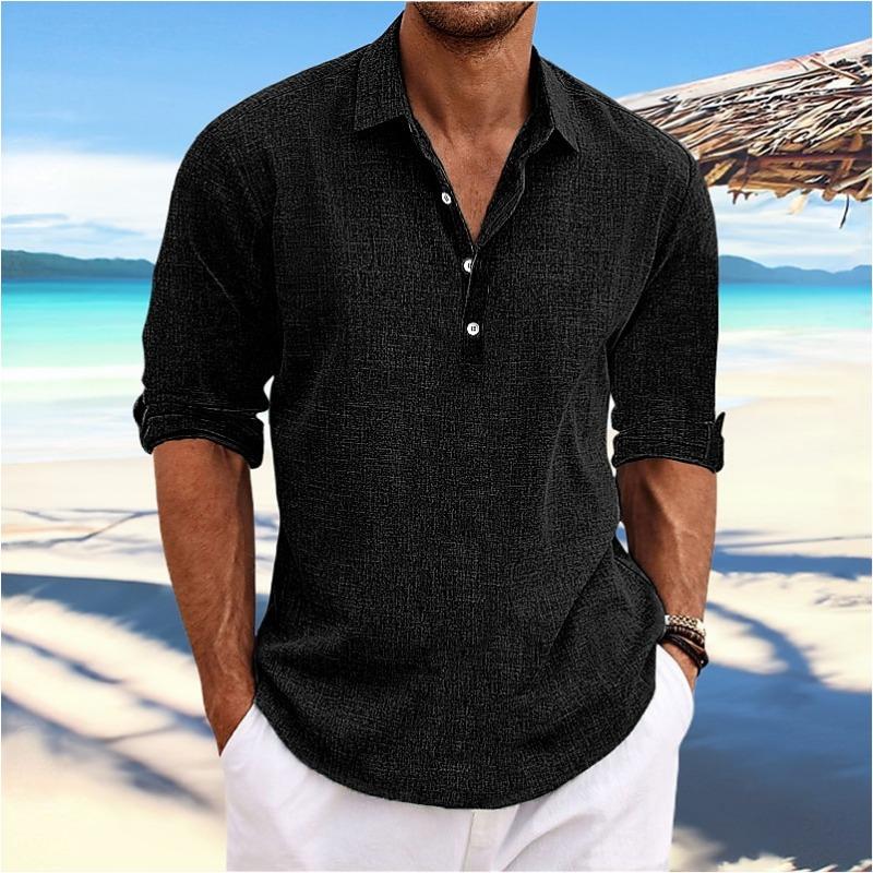Men Linen Blend Half Button Long Sleeve Henley Shirt Roll Up Sleeve Casual Beach Top