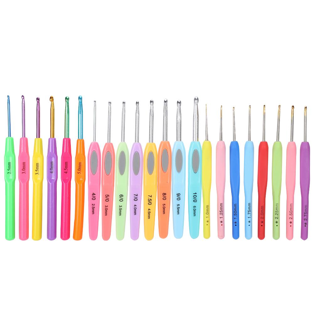 22Pcs Set Crochet Hooks Set Color Plastic Handle Aluminum Hook for Yarn Knitting Crafts Needles