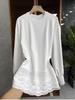 Korean Long Sleeve Lace Trim T-shirt, Round Neck, Solid Color, Casual Loose Fit