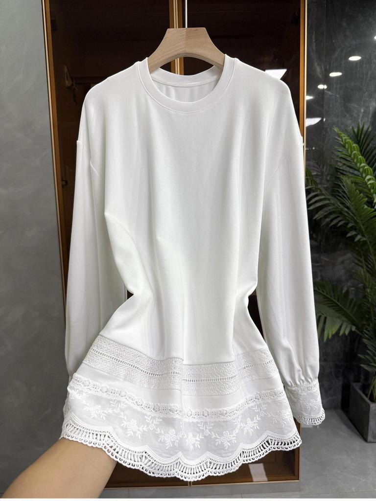 Korean Long Sleeve Lace Trim T-shirt, Round Neck, Solid Color, Casual Loose Fit