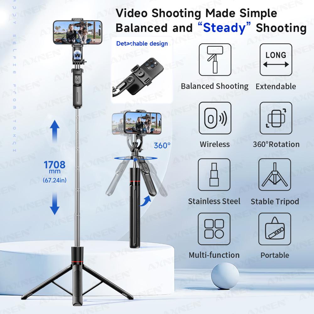 F16 Selfie Stick Tripod with 1708mm Long 8-Section Pole Bluetooth Remote 360° Rotation 1/4 Interface for Phone Camera Vlog 1