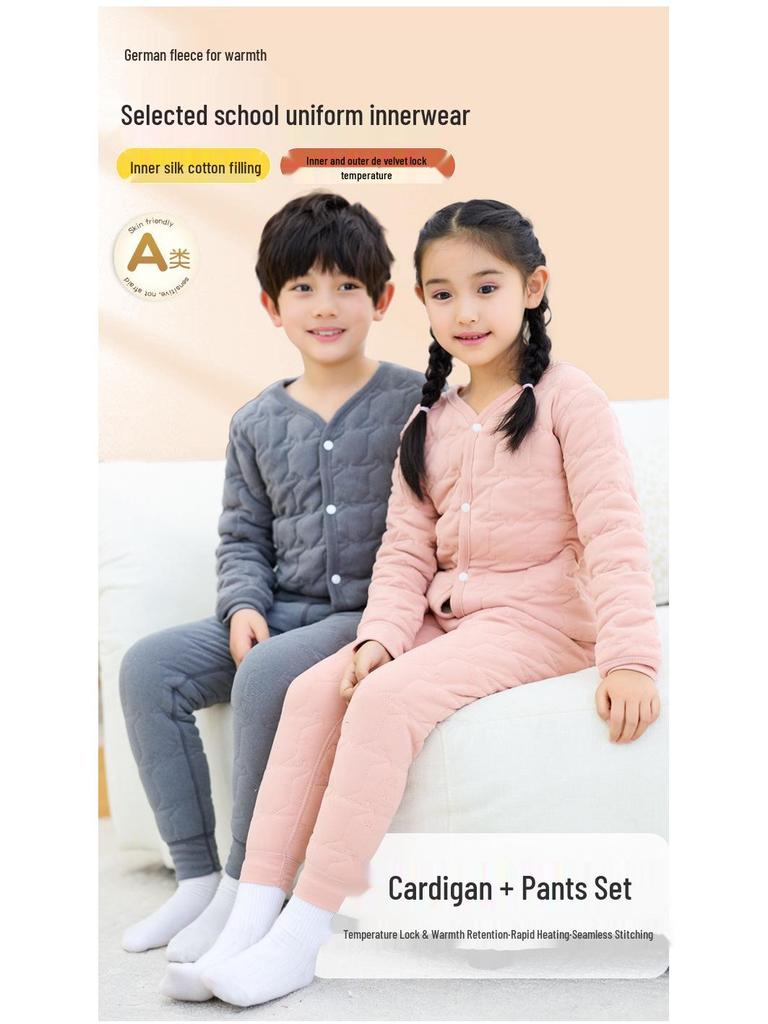 Winter Kids' Fleece-lined Cotton Jacket & Pants Set - Warm School Uniform for Boys & Girls