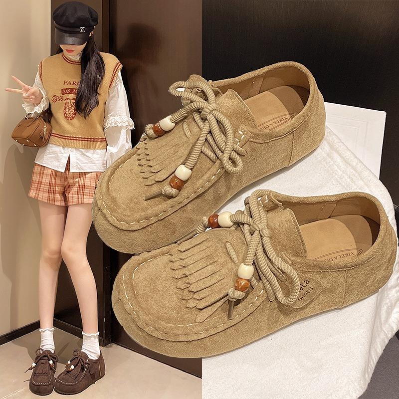Kangaroo women's autumn new soft-soled flat-soled lace-up casual fringed single shoes women