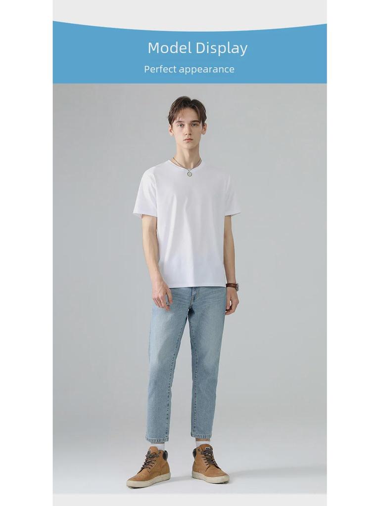 Men's Slim Fit White Supima Cotton Short-Sleeve T-Shirt, Round Neck, Lightweight Summer Style