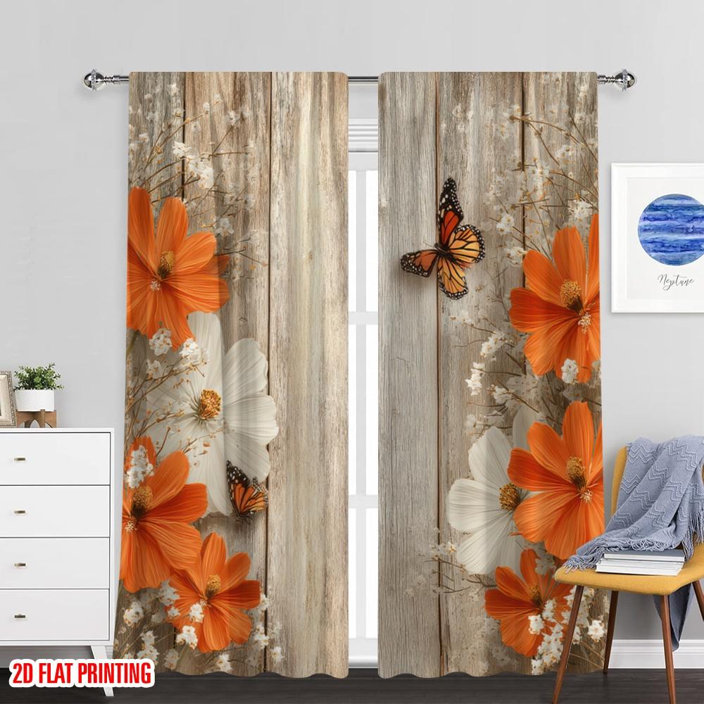 Set Of 2 Flat Printing Window Drapes Orange Butterflies White Flowers Border Polyester Without Electricity Family Party Curtain Made