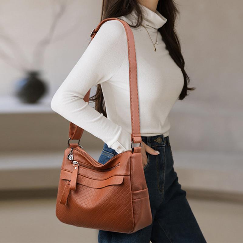 Middle-aged Handbag Embossed Diamond Pattern Shoulder Bag 2025 New Multi-layer Soft Leather Solid Color Large-capacity Multi-pocket Crossbody Bag
