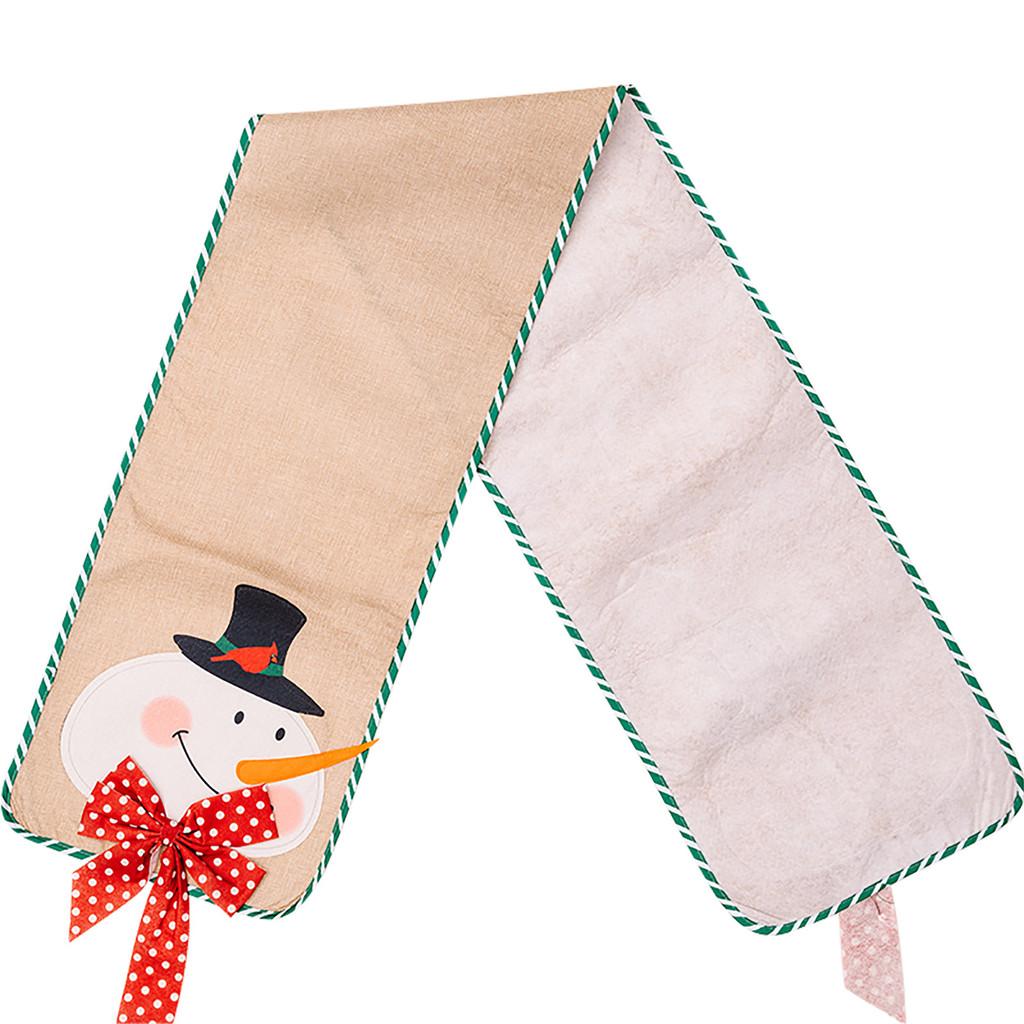 Charming Burlap Christmas Table Decor With Striped Edges Adorned With Whimsical Snowman And Characters Santa