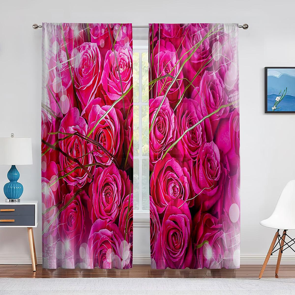Красная Роза День Святого Валентина Цветочный Романтический Тюль Прозрачные Оконные Шторы — фото 13