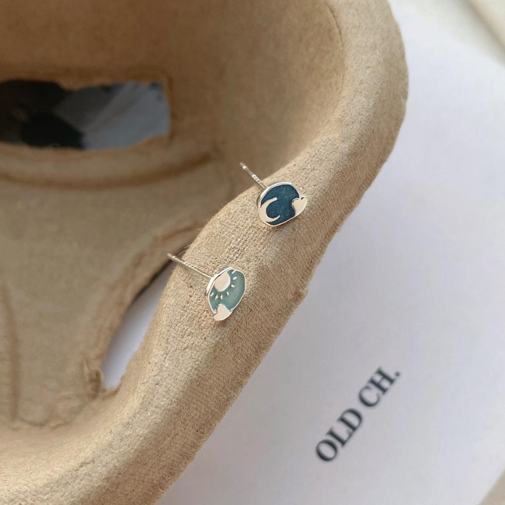 S999 Sterling Silver Asymmetrical Sun Moon Star Stud Earrings with Enamel Design for Women