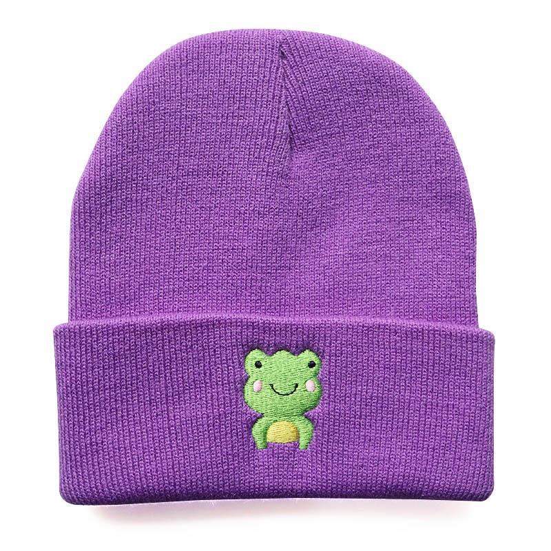 Hip-hop cute frog cartoon warm hat for male and female students Frog Embroidered knitted hat, woolen hat, warm for outdoor sports Adjustable фиолетовый