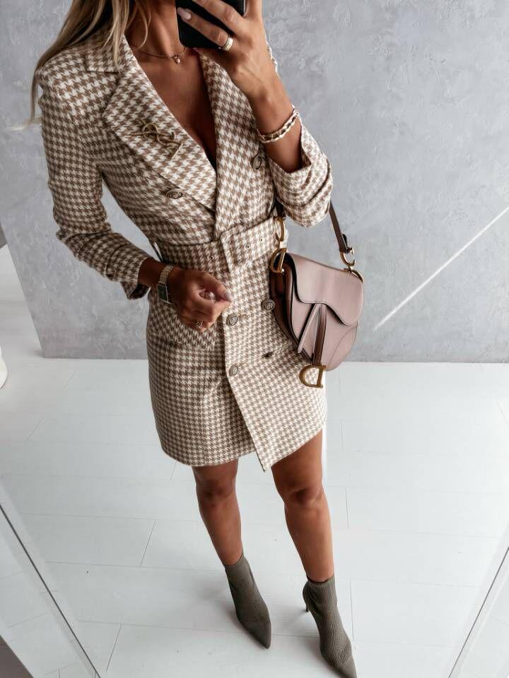 2021 Podzim/Zima Barevný Kabát Šaty S Páskem a Dlouhým Rukávem