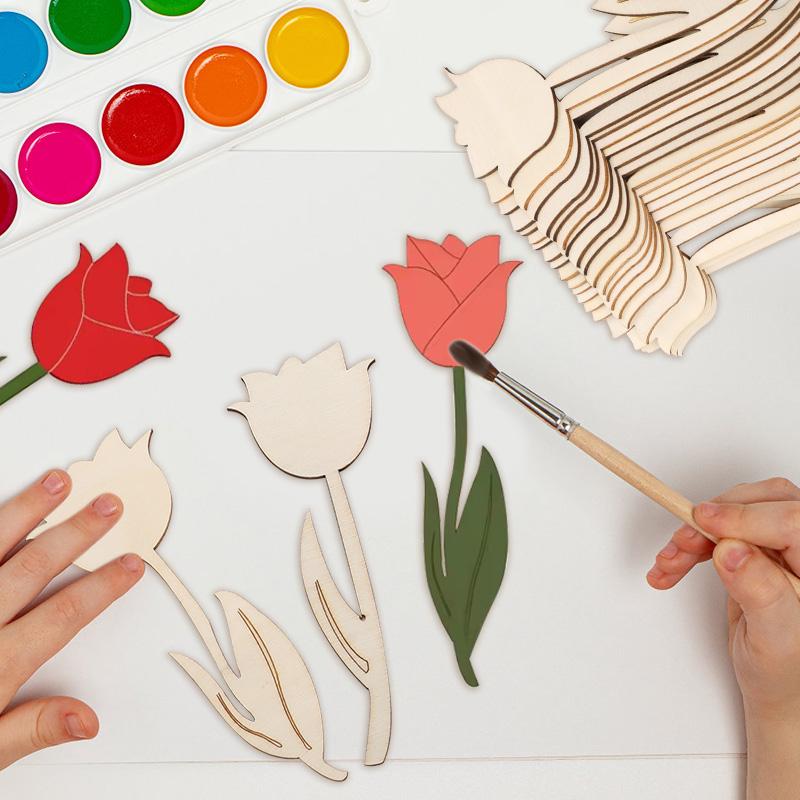 12Pcs Wooden Flower Ornament Unfinished Tulip DIY Painting Crafts Happy Easter Party Spring Home Decoration Kids Gifts Supplies
