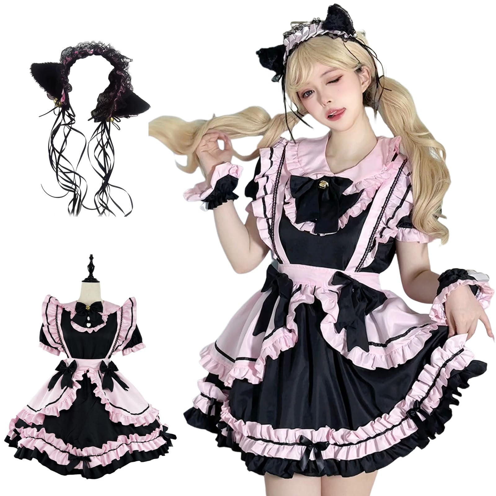 

Пышное Готическое Лолита Платье Горничной Косплей Оборки Лолита Наряд с Ушками Аккуратный и Короткий Черный и Розовый [Продукт Божественного Качества] Наряд, Костюм, чёрный