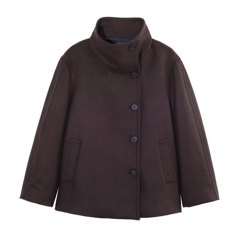 Womens Wool Blend High Neck Short Coat 2026 Street Style Outerwear Black Brown Khaki