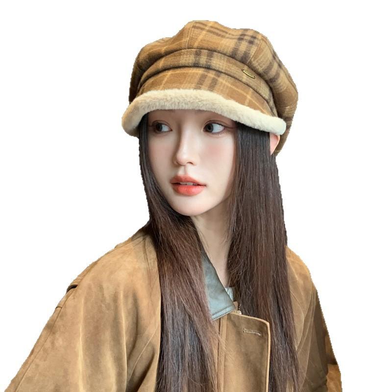 Woolen Star Anise Beret Children Autumn and Winter New Retro Plaid Warm Face Small Bud Painter Hat
