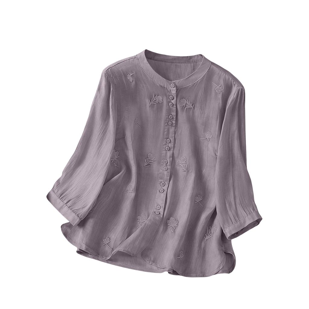 Women's Retro Cotton Linen Embroidered Thin Linen Three-Quarter Sleeve Top