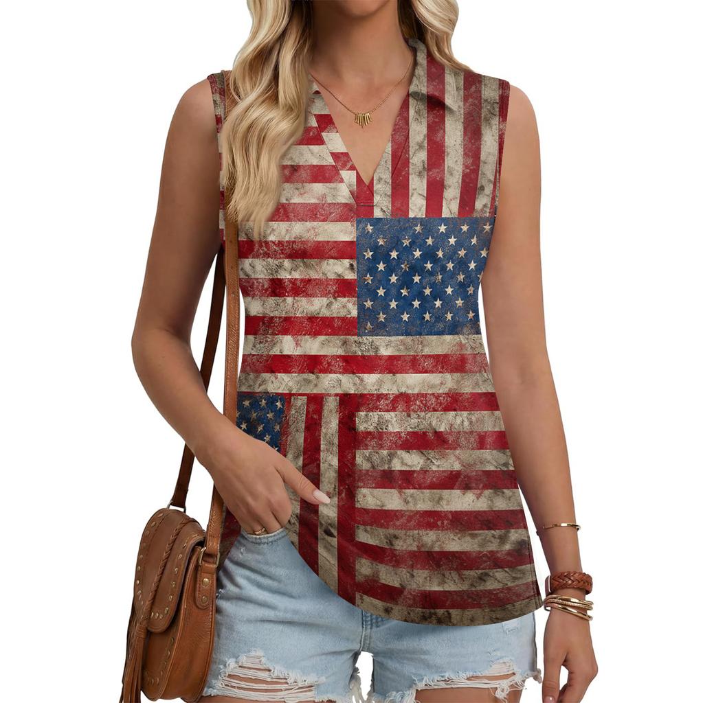 Womens Sleeveless Button Down V Neck Collared Top with Printed Pattern Casual Loose Fit Comfortable Tank Blouse for Summer