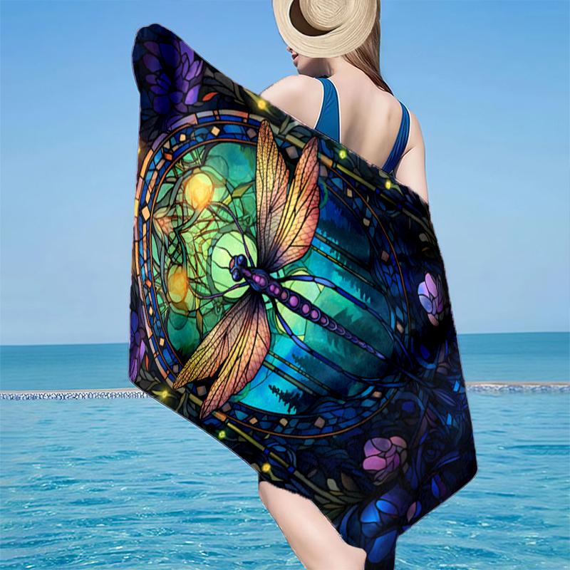 Stained Glass Dragonfly Garden Beach Towel, Super Soft Microfiber, Gift for Her/Him, Birthday, for Pool, Beach, Travel, Home Decor Fan Gifts